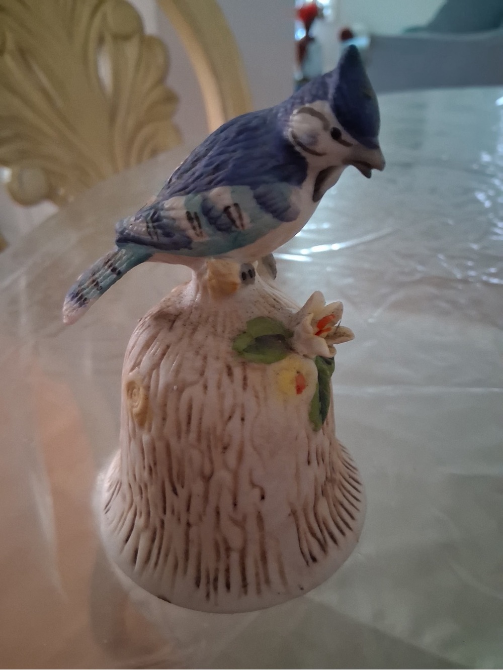 Blue Jay Ceramic Bird Figurine on Floral Base - Blue